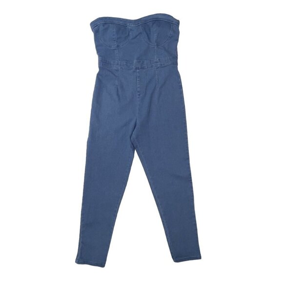 NEW LOOK Women's Strapless Stretch Denim Jumpsuit Large Skinny Ankle Zipper‎ NWT - Picture 1 of 16